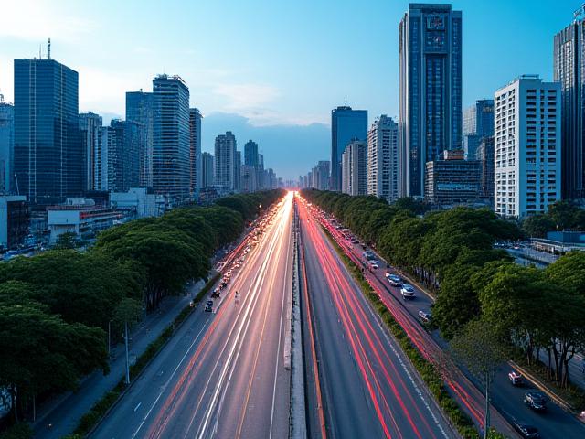 Vista aérea de una ciudad colombiana vibrante con flujo de tráfico moderno, simbolizando la movilidad urbana fluida.